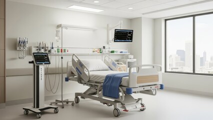 Empty Hospital Room with Medical Equipment.