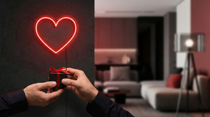 Person holding gift box in living room with neon heart sign
