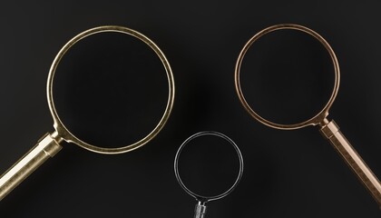 gold, silver and bronze 3d magnifying glasses on dark background