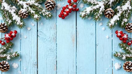 Christmas Border On Light Blue Wood Background