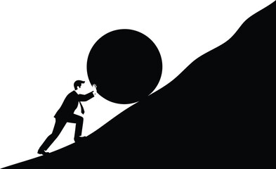 Man pushing large boulder uphill a symbol of struggle on transparent background silhouette © Lhvect02