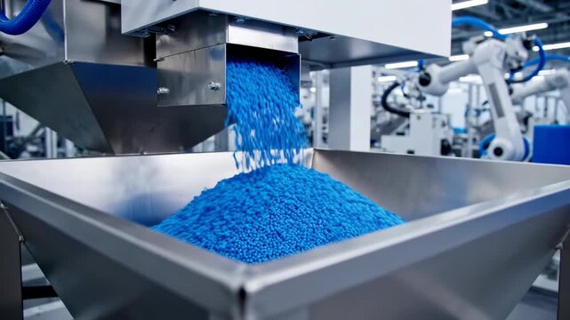 Blue plastic pellets pour from industrial machine into bin in manufacturing facility. Automated production line with robotic arm.