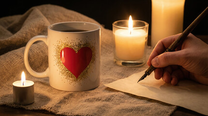 Person writing letter with heart mug and candles