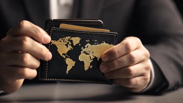 man holding a black wallet with gold map