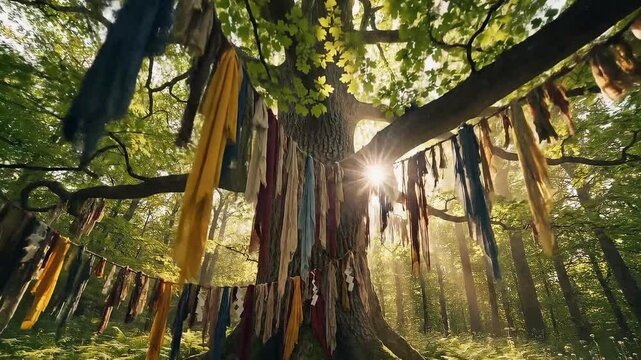Vibrant prayer flags hanging on a majestic tree in a serene forest