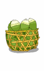 a bamboo basket full of fresh and delicious coconut fruit. Holiday on beach