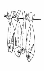 line art fish hanging on a rope with clothespins. Sea Animal coloring page 