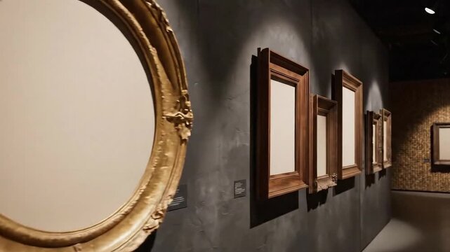 Elegant empty gold picture frames on dark wall in gallery