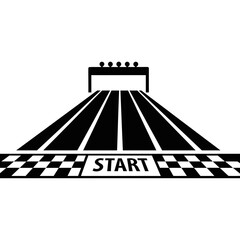 Start line with checkered flag and finish gate on a race track.