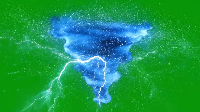Blue tornado with white lightning on a green screen. Weather phenomenon as an abstract power concept. Digital animation for dramatic visual effects.