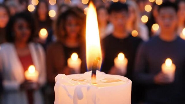 Diverse group of people holding candles in a peaceful gathering