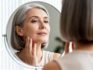 Mature Woman Examining Her Skin in Round Mirror