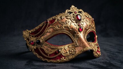 Intricate gold mask with ruby accents on dark background