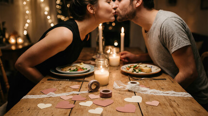 Couple kissing at a candlelit dinner table