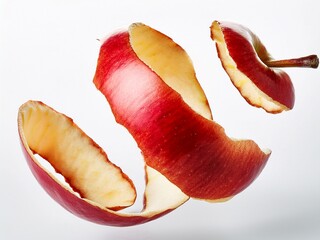 red apple curl peel floating isolated on white background
