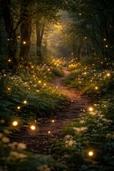 Fireflies glowing softly in a dark natural environment at night, creating a magical and peaceful atmosphere. The scene represents wonder, tranquility, summer nights, and natural beauty.