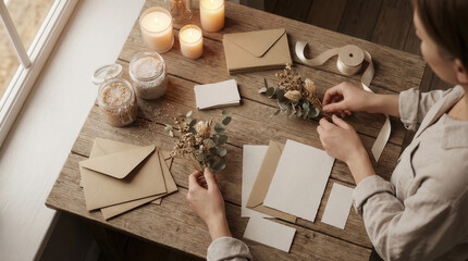 Woman Crafting with Natural Elements on Wooden Table