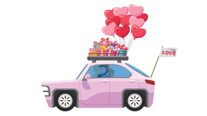 Romantic couple driving pink car with roof rack full of gifts heart balloons and love flag isolated on white background. Valentine's Day road trip concept vector illustration.
