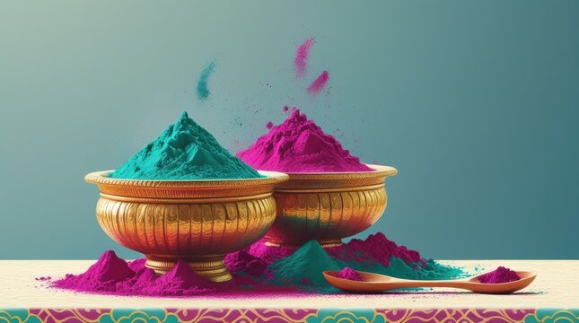 Two ornate bowls filled with vibrant pink and teal Holi powder, a celebration of color and tradition.