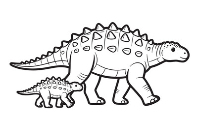 Naklejka premium Black and white vector illustration of an ankylosaurus standing in side view while playing with a baby ankylosaurus, designed as a kids coloring page.