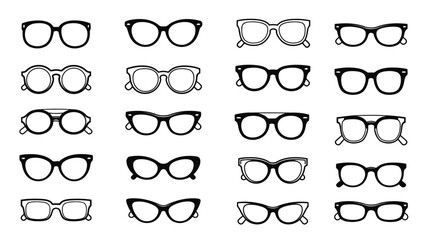 Collection of various black framed eyewear and spectacles in a grid pattern