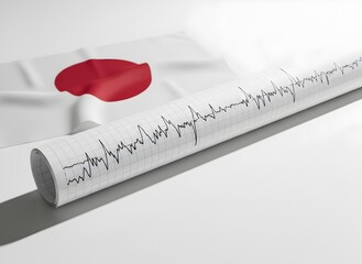 Seismograph Printout with Japanese Flag Symbolizing Earthquake Monitoring, Disaster Response, and Seismic Activity, Geology, Emergency Services