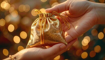 Giving A Small Golden Glitter Pouch Gift Between Two Hands With Soft Bokeh Lights Background