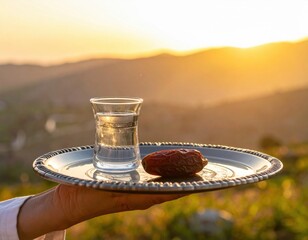 Hand Holds Tray With Water Glass and Date Fruit Against Golden Sunset Over Rolling Hills
