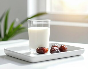 Glass of Milk and Dates on a White Tray with Soft Sunlight from a Window