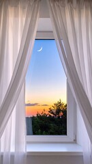 View Through Sheer Curtains To A Vibrant Sunset Sky With Crescent Moon Over Distant Trees And Cityscape
