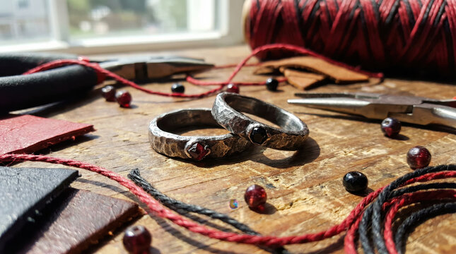 Handmade silver bracelets on a wooden workbench with tools