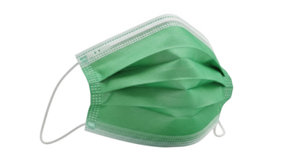 Green disposable face mask with png isolated transparent background white ear loops against black background