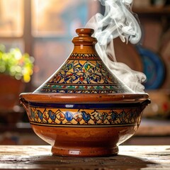 Authentic Moroccan Tagine Steaming Hot With Colorful Ceramic Design On Wooden Table With Blurred Background And Natural Light