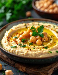 Creamy Hummus Dip Topped with Chickpeas Olive Oil Parsley and Paprika in a Rustic Bowl on a Wooden Board