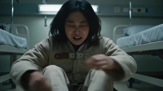 Woman in straitjacket experiencing distress and feeling trapped in a hospital room, expressing anxiety and mental health struggles