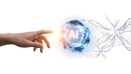 Conceptual image of human hand touching glowing AI digital interface, symbolizing artificial intelligence and future technology.