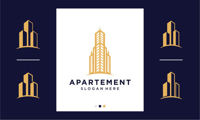 Golden apartment building logos and skyscraper designs for real estate and urban development branding on a dark blue background.