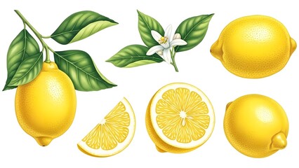 Fresh lemons with leaves blossom and a slice beautifully illustrated