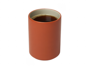 Orange coffee mug with dark brown liquid inside isolated on a transparent background