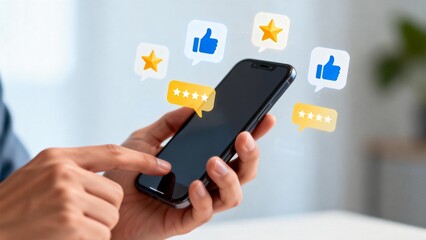 Person using smartphone with digital icons