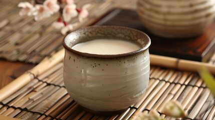 Close up of a ceramic cup filled with a white liquid on a bamboo mat with floral decoration