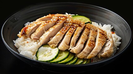 A close up shot of a bowl of rice with sliced chicken and cucumber on a dark background plate
