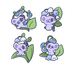 Adorable lilac koala bear with blueberry fruit and lily of the valley plant illustration set