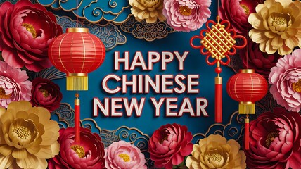 Happy chinese new year festive floral background with lanterns