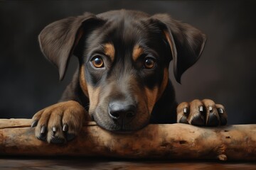 Obraz premium Puppy looking forward with big brown eyes, resting paws on a wooden log