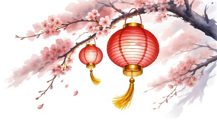 Chinese new year lanterns on cherry blossom branch