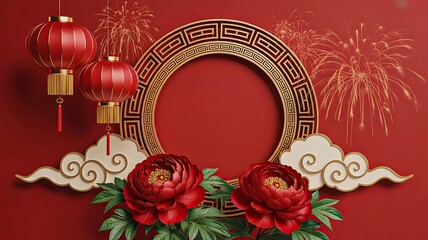Chinese new year red floral decorative frame