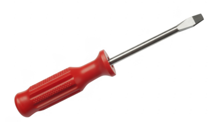 Red handled flathead screwdriver on black tool metal isolated on a transparent background