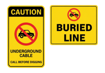 Caution sign for underground cable, warning of buried line and instructing to call before digging, with a clear prohibition symbol for vehicles