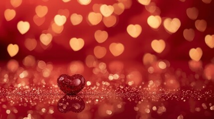 Luxury Valentine&rsquo;s Day background, glossy red surface, sparkling heart shapes, soft golden bokeh lights in background